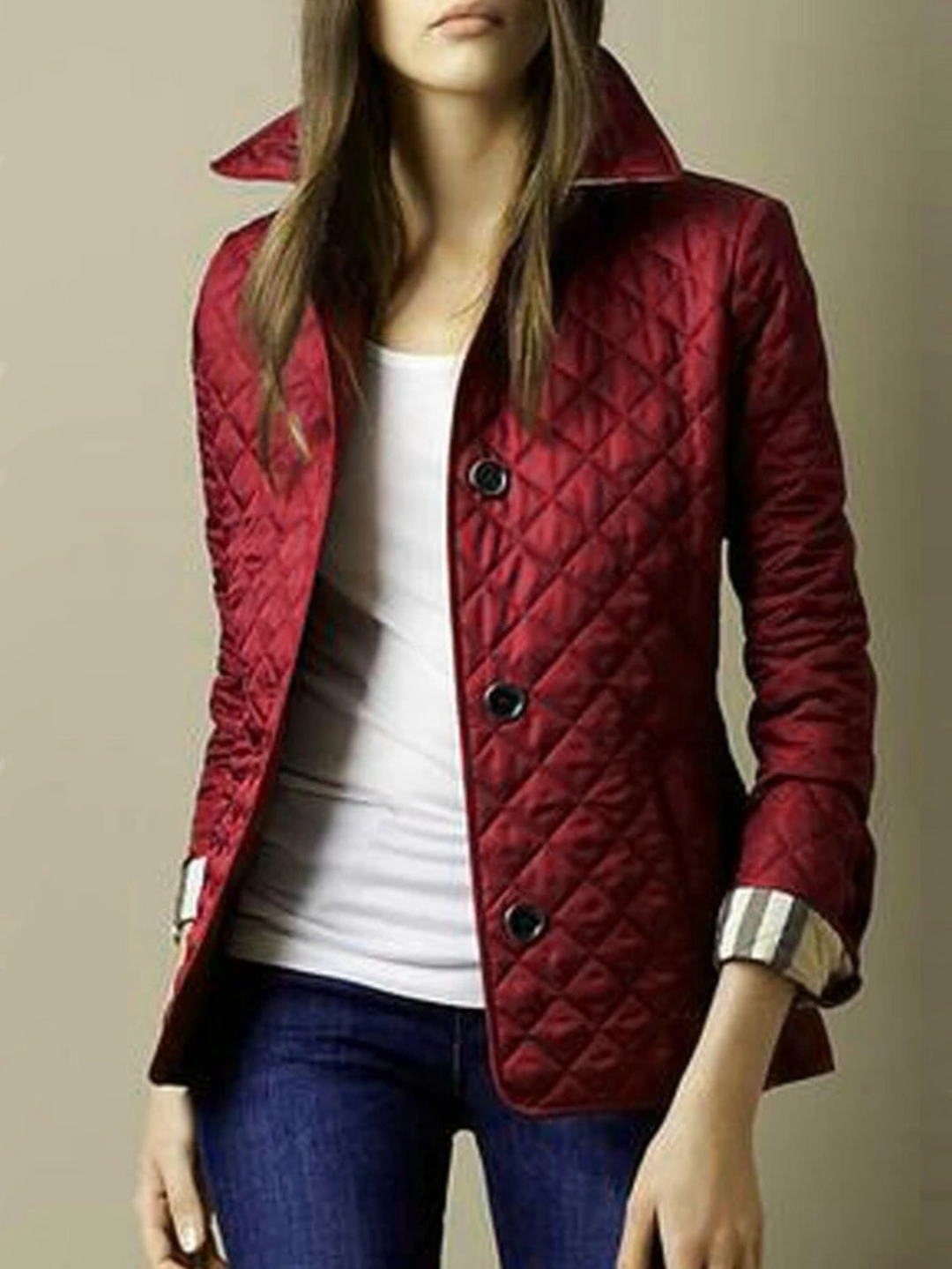 Women's casual quilted jacket with turned-down collar, light padding, snap button front, in dark blue or white for versatile