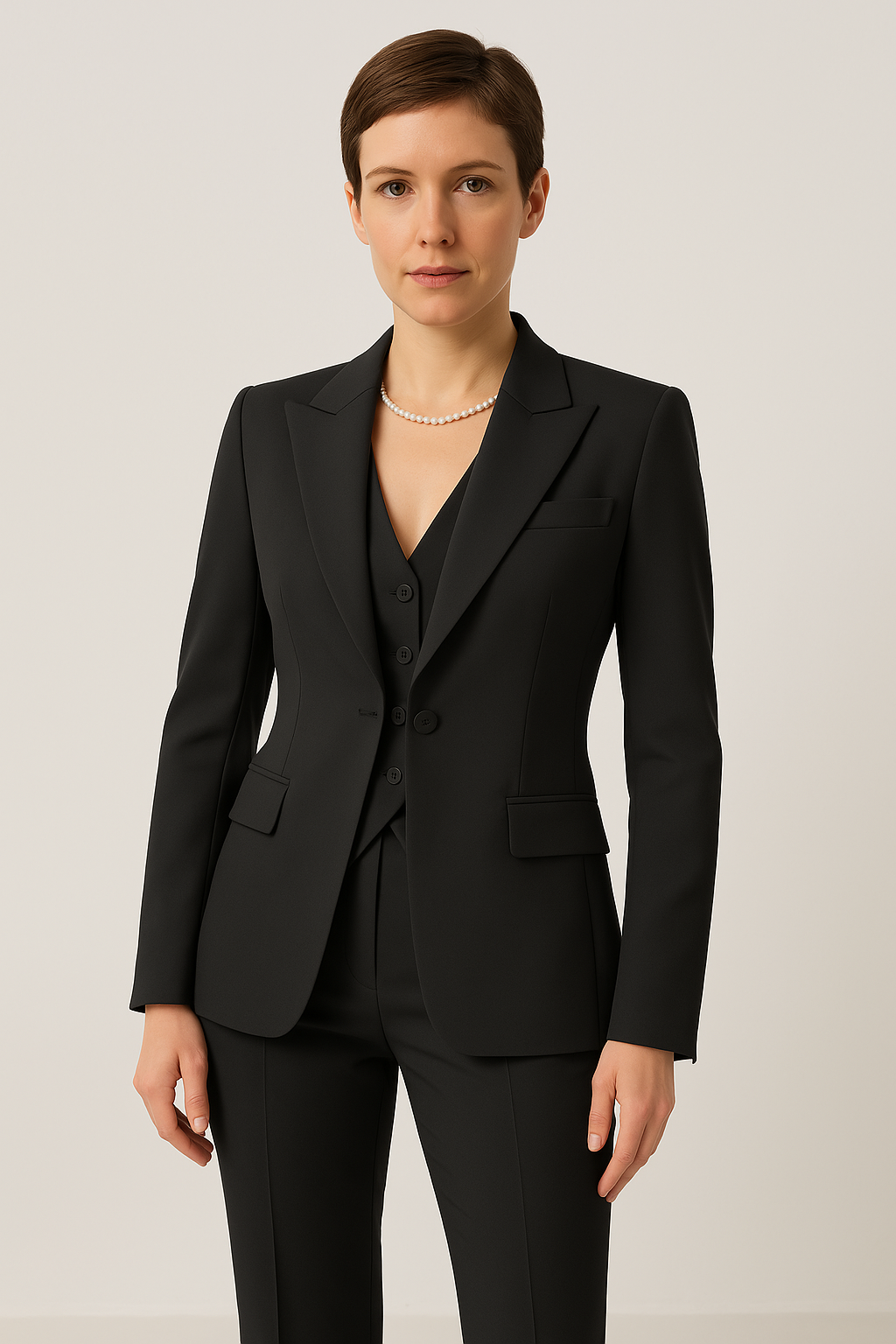 "Women's elegant 3-piece suit set with blazer, vest, and trousers. Perfect for all-season wear and versatile styling."
