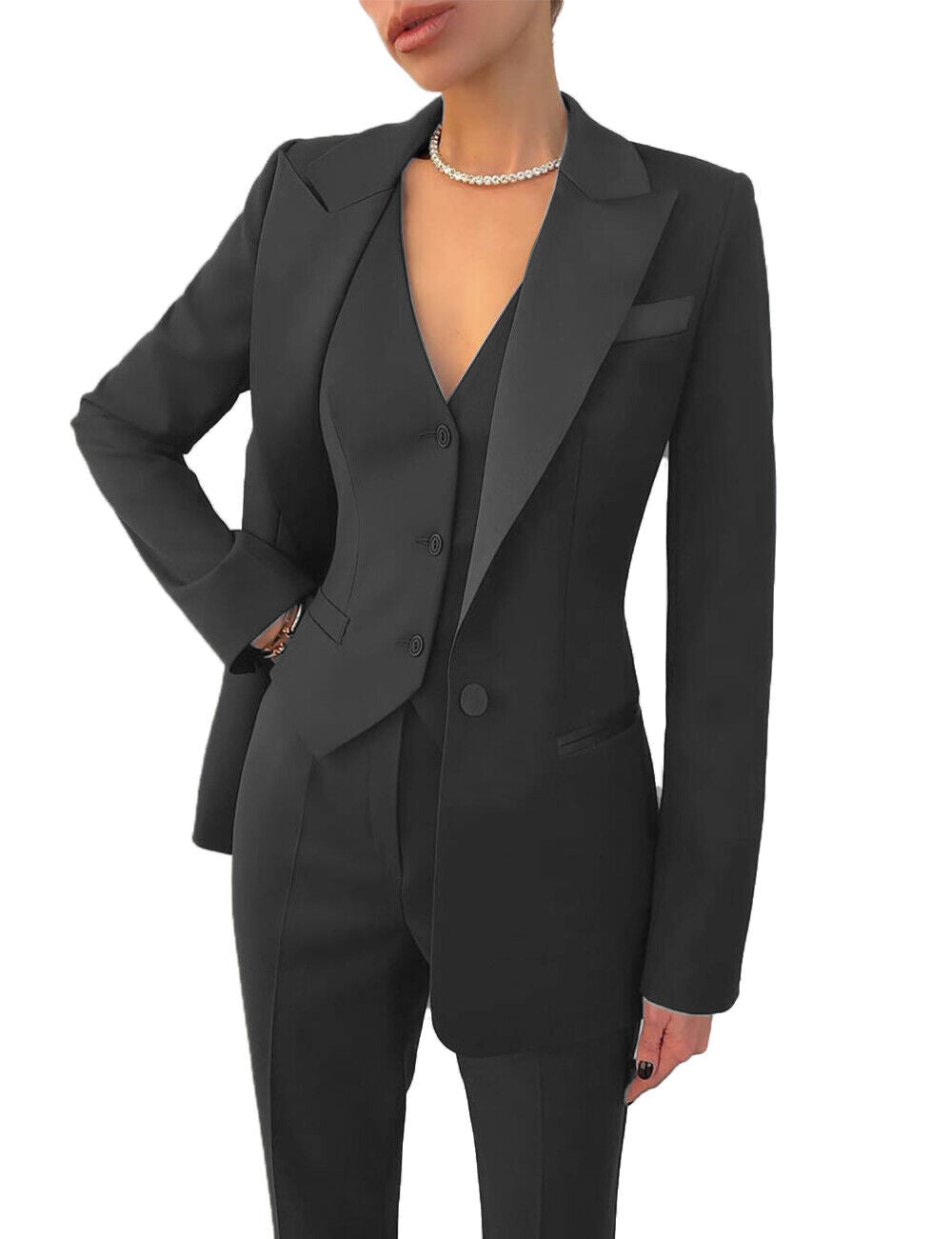 "Women's elegant 3-piece suit set with blazer, vest, and trousers. Perfect for all-season wear and versatile styling."