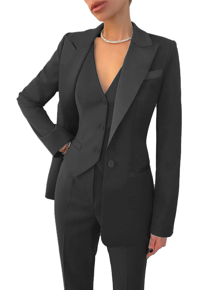 "Women's elegant 3-piece suit set with blazer, vest, and trousers. Perfect for all-season wear and versatile styling."
