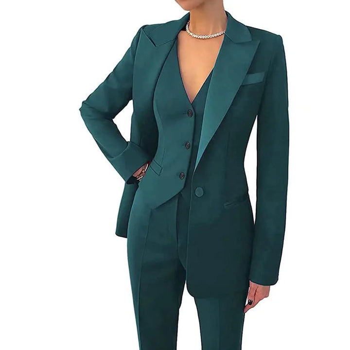"Women's elegant 3-piece suit set with blazer, vest, and trousers. Perfect for all-season wear and versatile styling."