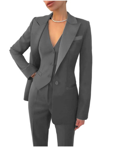 "Women's elegant 3-piece suit set with blazer, vest, and trousers. Perfect for all-season wear and versatile styling."