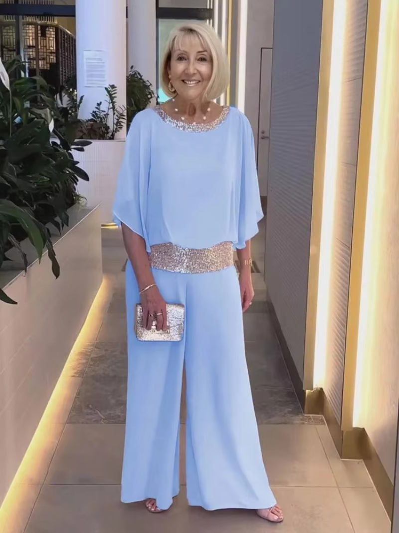 "Women's elegant chiffon set with sequin accents, featuring batwing-sleeve blouse and versatile wide-leg trousers."