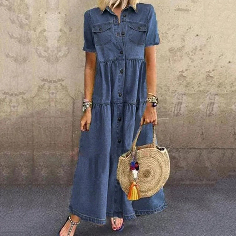 "Women's elegant denim dress, slimming fit, classic texture, enhances curves, perfect for casual to semi-formal occasions."