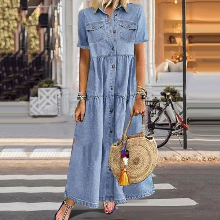 "Women's elegant denim dress, slimming fit, classic texture, enhances curves, perfect for casual to semi-formal occasions."