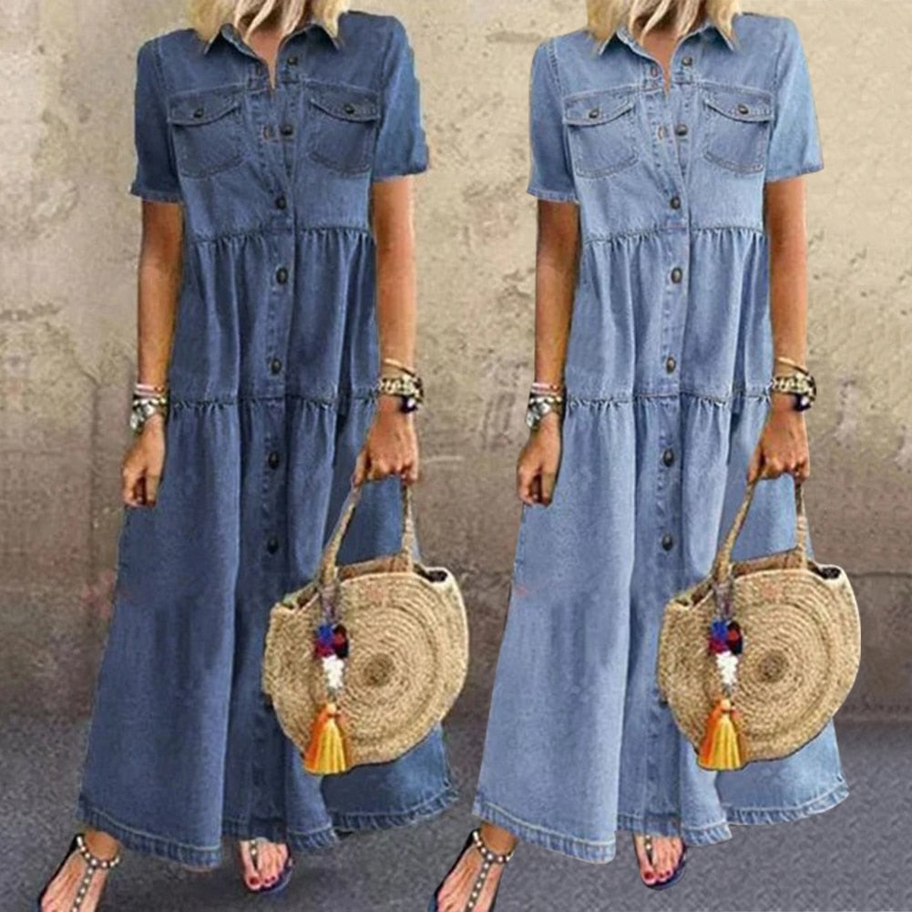 "Women's elegant denim dress, slimming fit, classic texture, enhances curves, perfect for casual to semi-formal occasions."