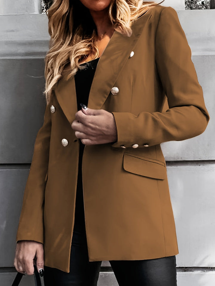 Women's elegant long double-breasted blazer, tailored fit, all-season wear, chic office attire, solid color, professional loo