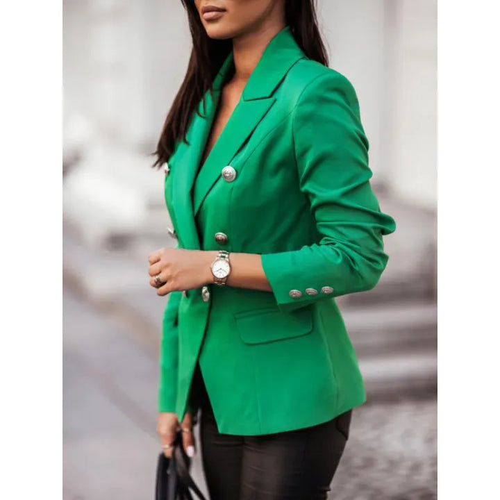 Women's elegant long double-breasted blazer, tailored fit, all-season wear, chic office attire, solid color, professional loo