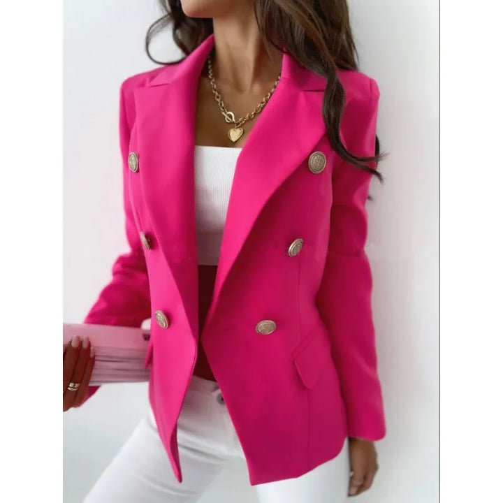 Women's elegant long double-breasted blazer, tailored fit, all-season wear, chic office attire, solid color, professional loo
