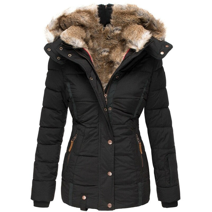 Women's fur-lined winter coat in navy blue, warm waterproof insulation, with plush lining and tailored fit for versatile styl