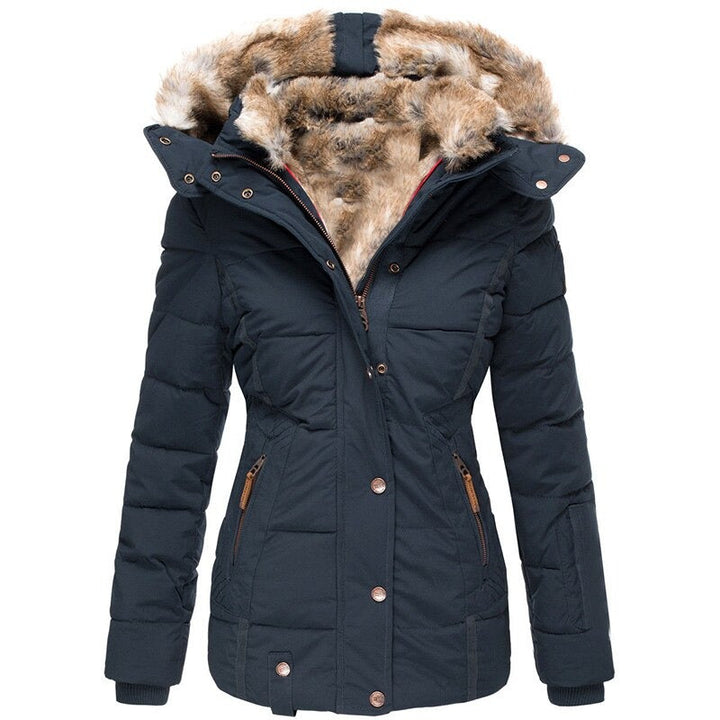 Women's fur-lined winter coat in navy blue, warm waterproof insulation, with plush lining and tailored fit for versatile styl