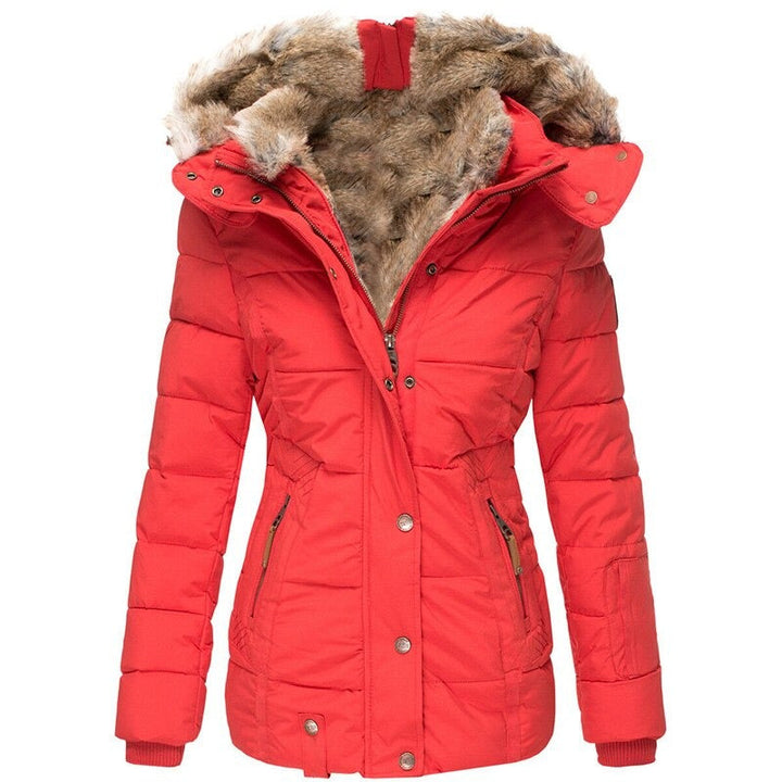 Women's fur-lined winter coat in navy blue, warm waterproof insulation, with plush lining and tailored fit for versatile styl