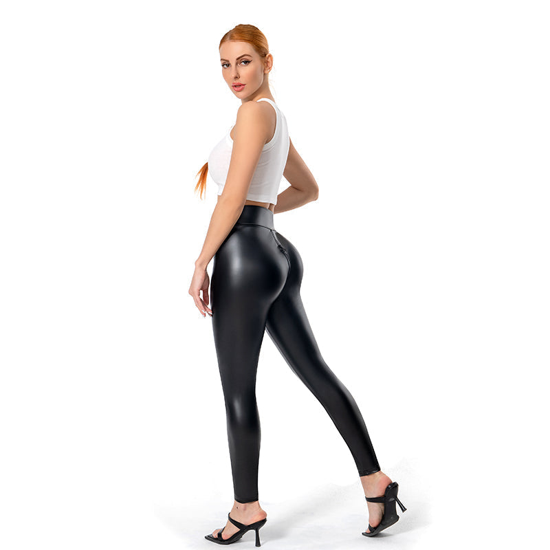 "Women's high-waisted matte leather pants, sleek with luxurious finish; chic, modern style for any wardrobe ensemble."