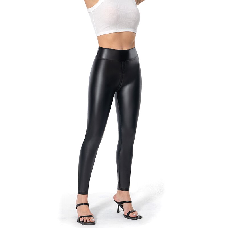 "Women's high-waisted matte leather pants, sleek with luxurious finish; chic, modern style for any wardrobe ensemble."