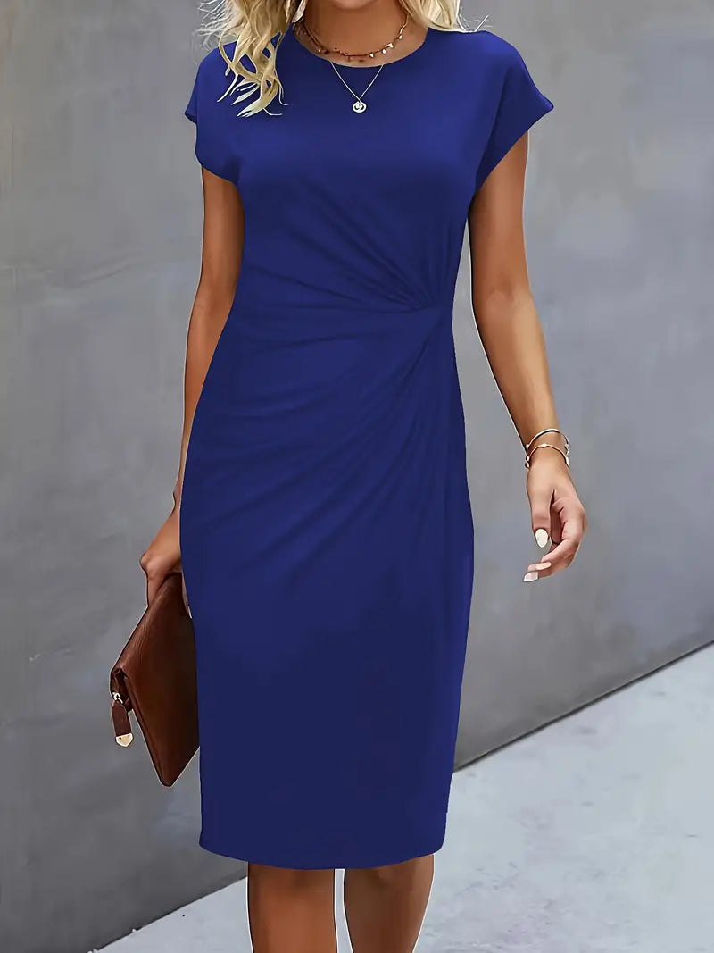 Women's knee-length sheath dress with cap sleeves and ruched waist, offering a flattering fit and elegant silhouette for any