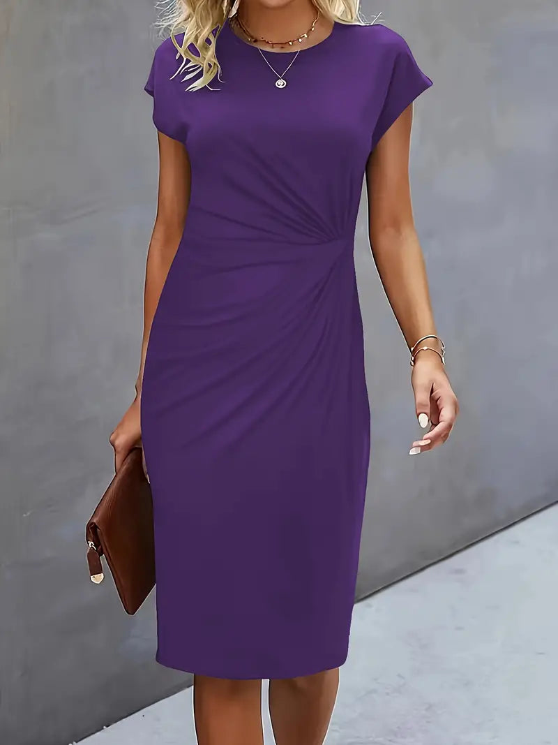 Women's knee-length sheath dress with cap sleeves and ruched waist, offering a flattering fit and elegant silhouette for any