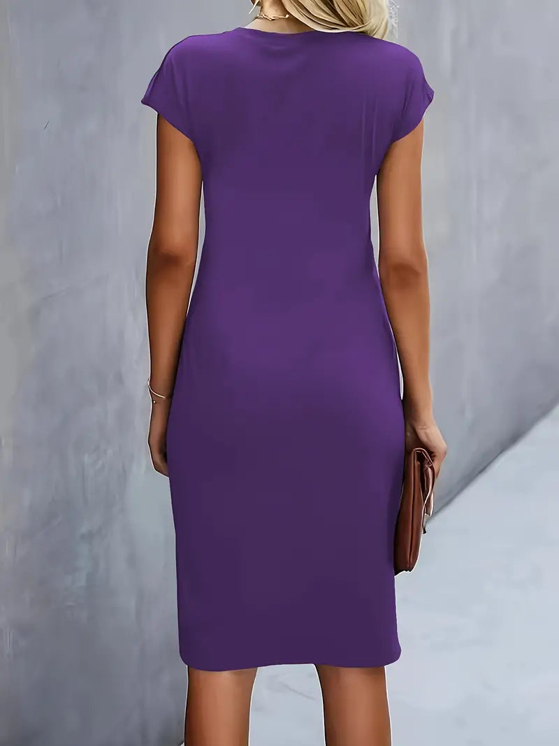Women's knee-length sheath dress with cap sleeves and ruched waist, offering a flattering fit and elegant silhouette for any