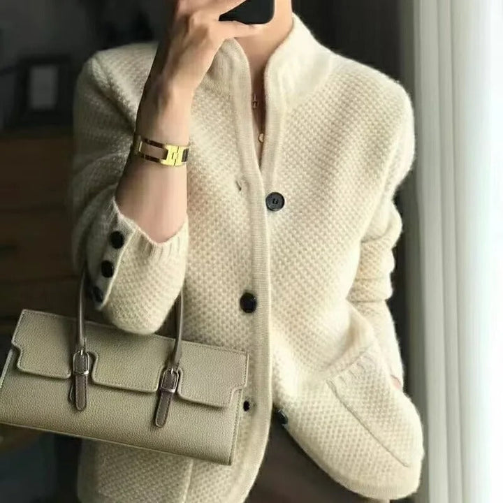 Women's knitted wool cardigan jacket, button-up sweater, elegant design, available in beige, brown, or grey colors.