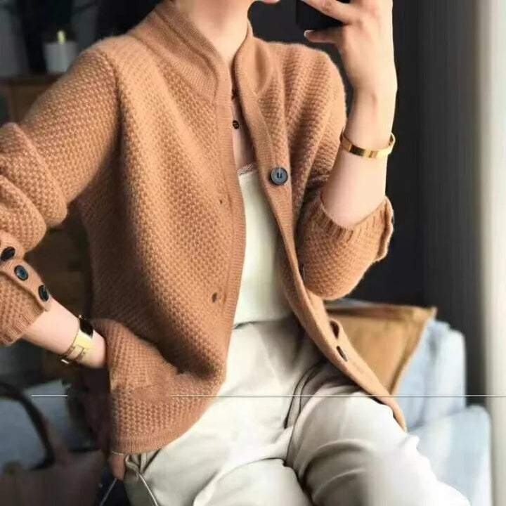 Women's knitted wool cardigan jacket, button-up sweater, elegant design, available in beige, brown, or grey colors.