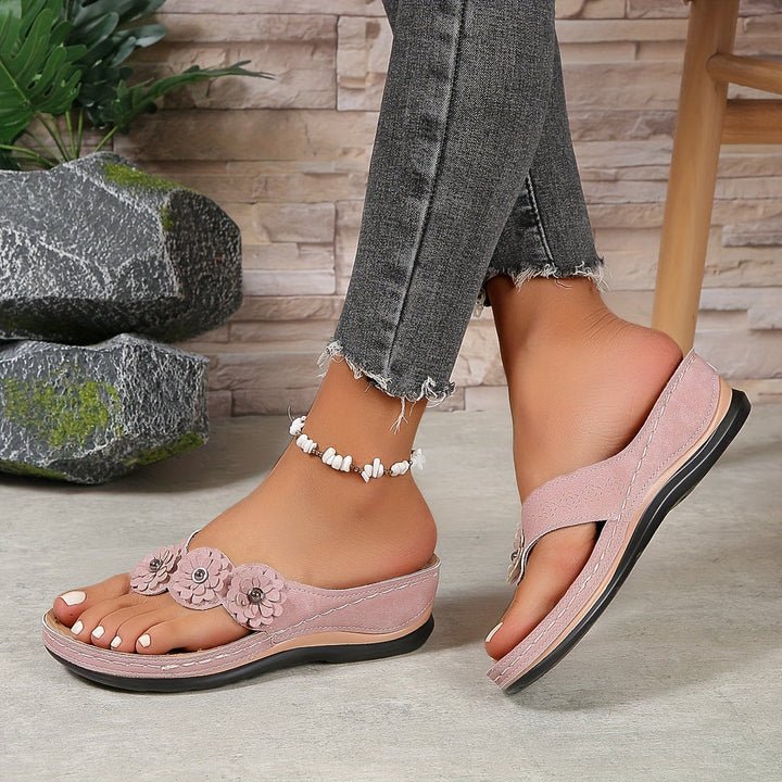 Women's Liana orthopedic sandals with adjustable Velcro straps, contoured footbed, non-slip rubber sole in pink color.