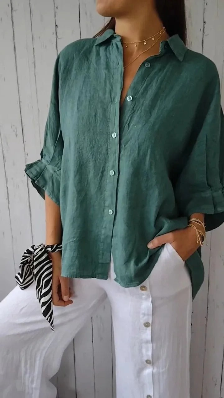 Women's linen button-up shirt, casual and breathable, lightweight fabric, relaxed fit, roll-up sleeves, versatile look.