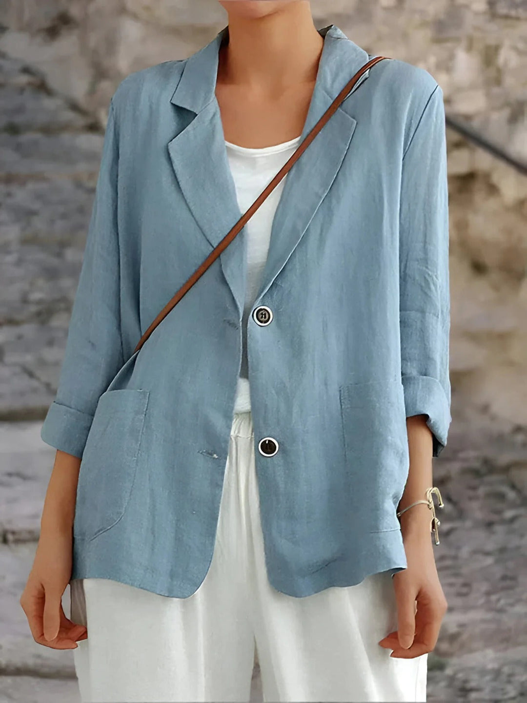 "Women's linen casual blazer in breathable fabric, lightweight, versatile design; perfect for work or casual outings."