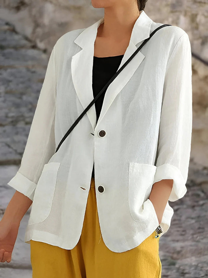 "Women's linen casual blazer in breathable fabric, lightweight, versatile design; perfect for work or casual outings."