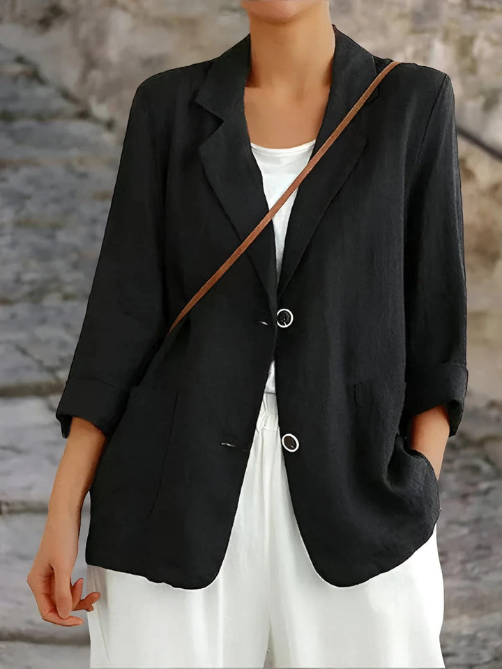 "Women's linen casual blazer in breathable fabric, lightweight, versatile design; perfect for work or casual outings."