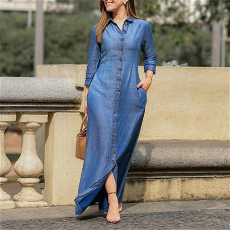 "Women's long denim maxi dress with solid pattern, floor-length, elegant long sleeves, versatile for casual and formal events