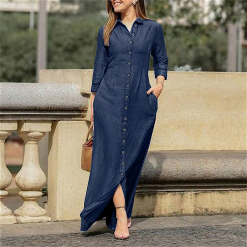 "Women's long denim maxi dress with solid pattern, floor-length, elegant long sleeves, versatile for casual and formal events