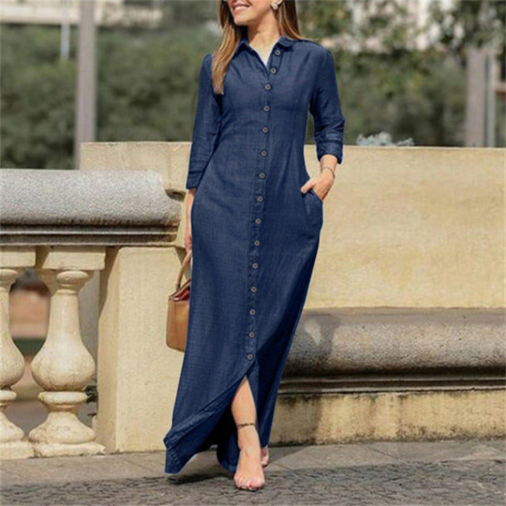 "Women's long denim maxi dress with solid pattern, floor-length, elegant long sleeves, versatile for casual and formal events