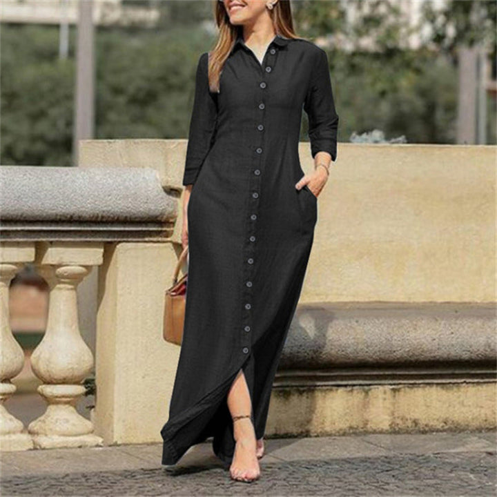 "Women's long denim maxi dress with solid pattern, floor-length, elegant long sleeves, versatile for casual and formal events