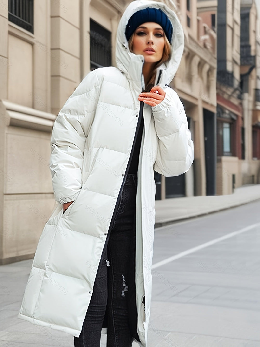 Women's long down coat with hood for autumn/winter; solid pattern, padded for warmth, chic and versatile style.