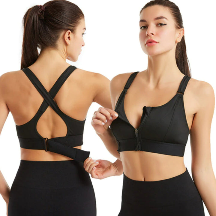"Women's no-bounce sports bra, high-support, ideal for intense workouts, front view with sleek design, and adjustable straps.