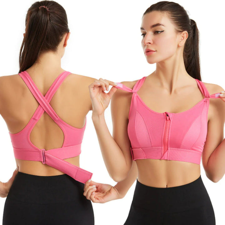 "Women's no-bounce sports bra, high-support, ideal for intense workouts, front view with sleek design, and adjustable straps.