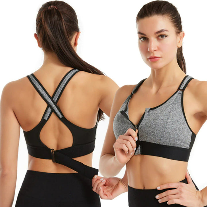 "Women's no-bounce sports bra, high-support, ideal for intense workouts, front view with sleek design, and adjustable straps.