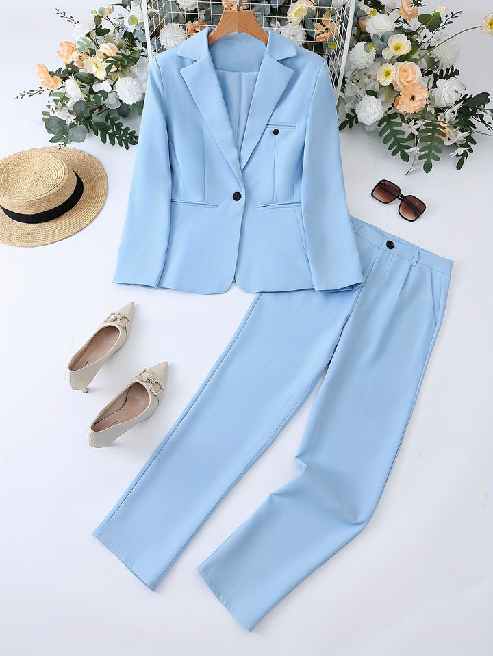 "Women's notched lapel blazer set, tailored fit, long sleeves, versatile all-season elegance, solid pattern in blue."