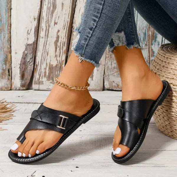 Women's orthopedic bunion correction leather sandals, featuring three-arch support and elegant full-grain leather design.