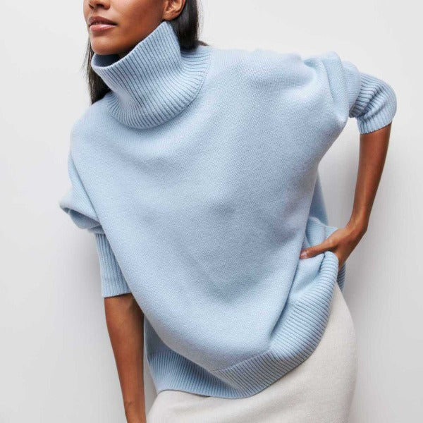 "Women's oversized turtleneck knit sweater jumper, soft knit fabric, cozy turtleneck, oversized fit in classic colors."