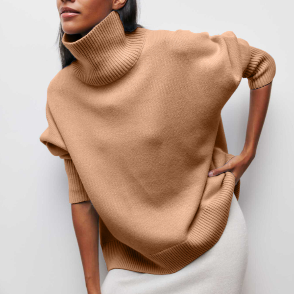 "Women's oversized turtleneck knit sweater jumper, soft knit fabric, cozy turtleneck, oversized fit in classic colors."
