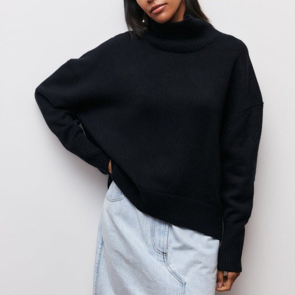 "Women's oversized turtleneck knit sweater jumper, soft knit fabric, cozy turtleneck, oversized fit in classic colors."