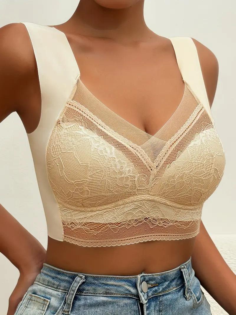 "Women's seamless wire-free bra with elegant lace overlay, full coverage, and invisible design for comfort and sophistication