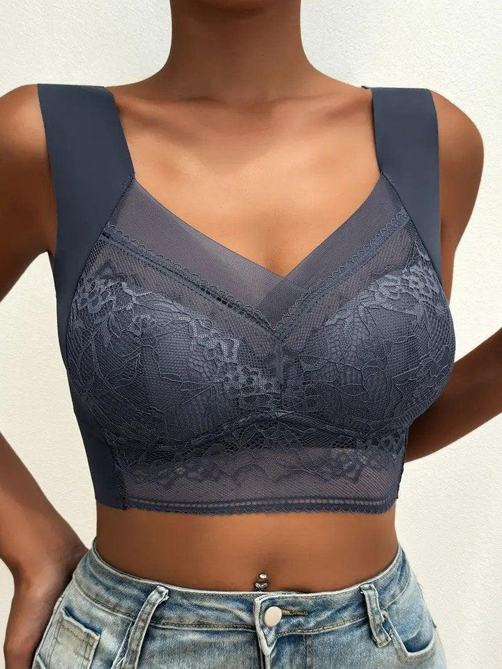 "Women's seamless wire-free bra with elegant lace overlay, full coverage, and invisible design for comfort and sophistication