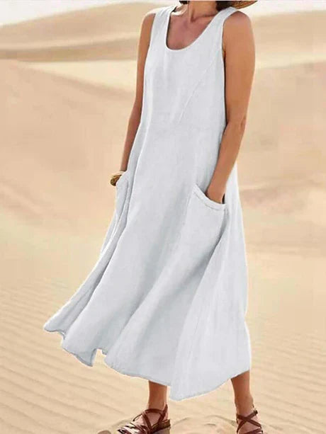 Women's sleeveless cotton linen midi dress, summer style, lightweight, relaxed fit with pockets, perfect for casual days.