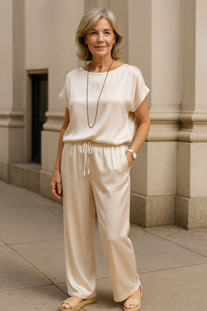 "Women's soft co-ord set with wide-leg trousers and short sleeve top in neutral hues, depicting elegance and comfort."