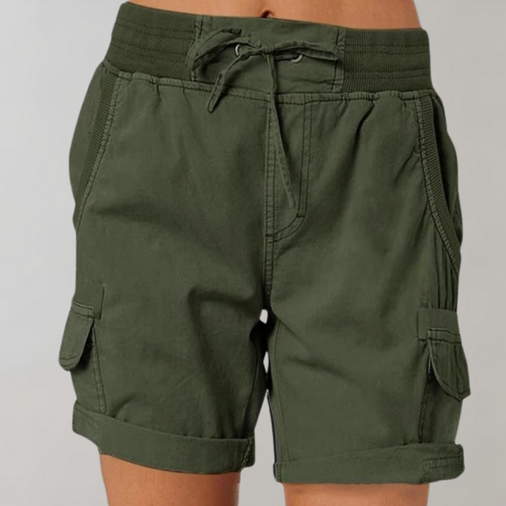 Women's stylish cargo shorts in Army Green with elastic waistband, multiple pockets; perfect for casual and outdoor activitie