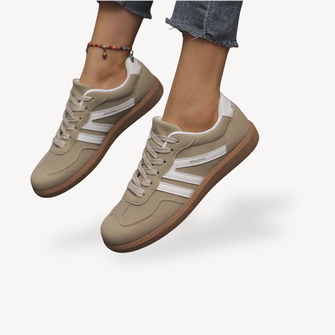 "Women's suede orthopedic sneakers with contrast color, soft suede panels, lace-up closure for comfort and style."