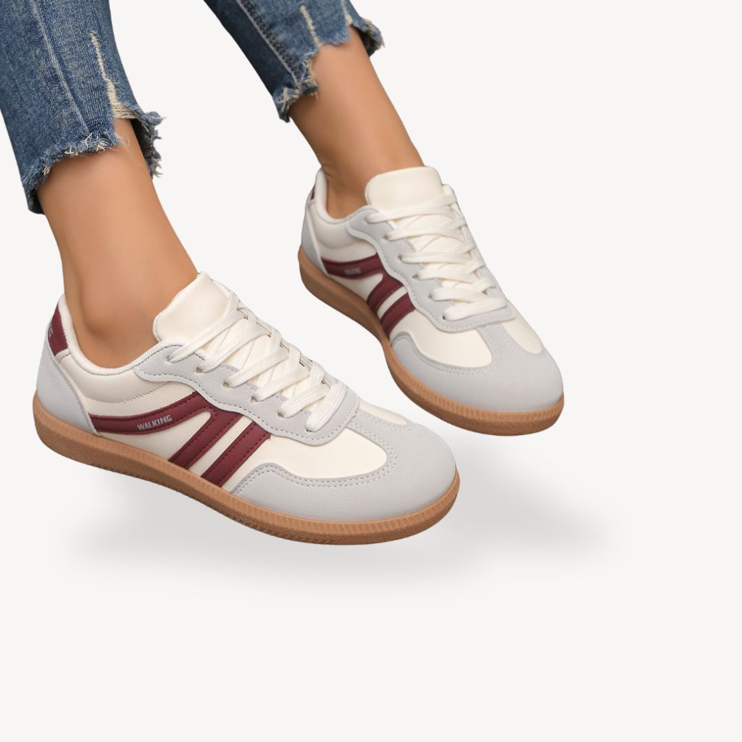 "Women's suede orthopedic sneakers with contrast color, soft suede panels, lace-up closure for comfort and style."