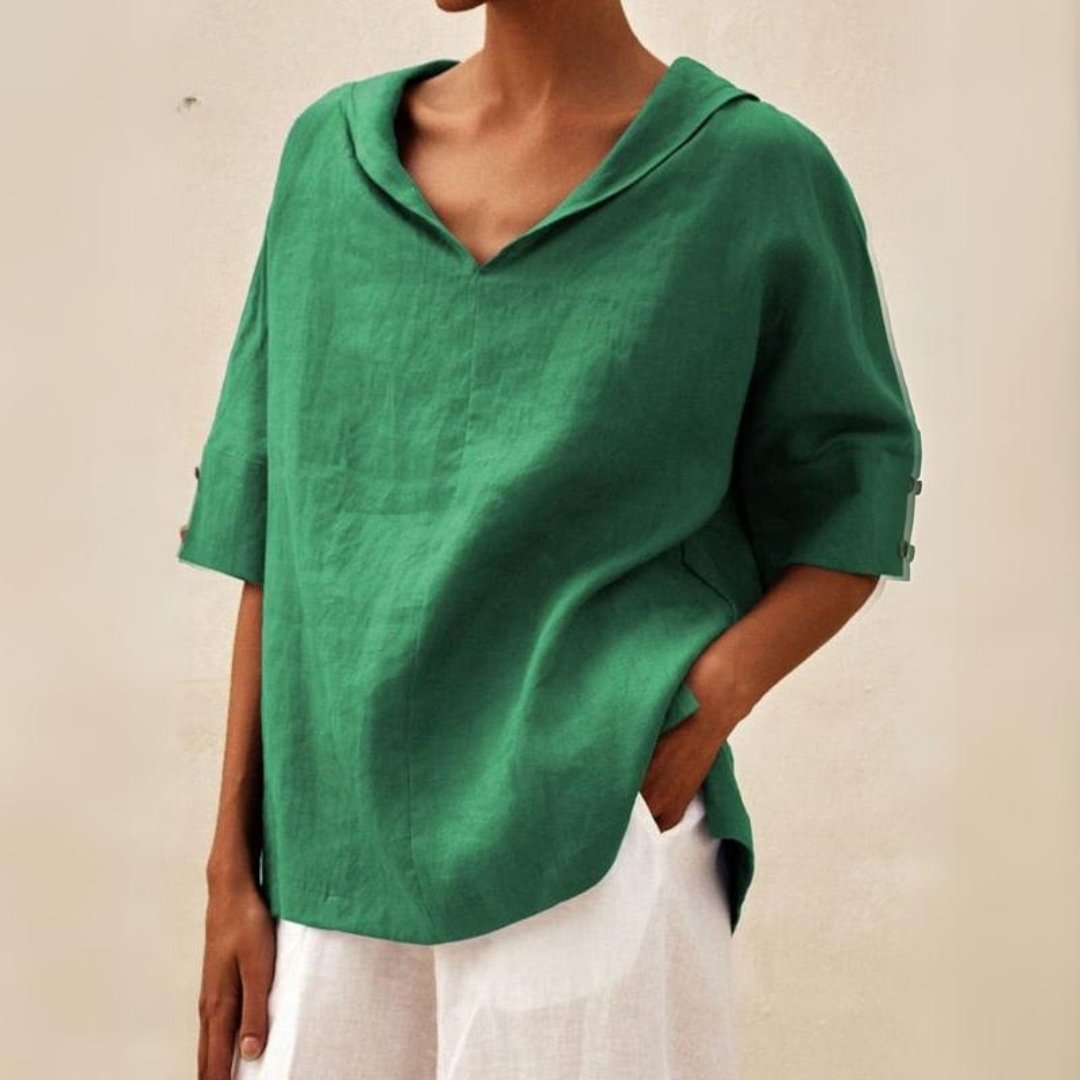 Women's V-neck casual linen shirt with relaxed fit, classic design, lightweight fabric, perfect for versatile styling.