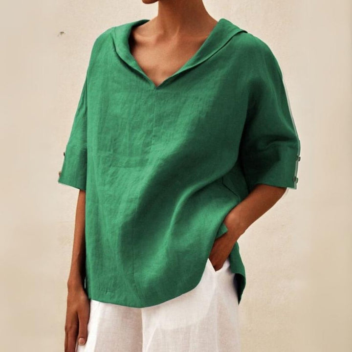 Women's V-neck casual linen shirt with relaxed fit, classic design, lightweight fabric, perfect for versatile styling.
